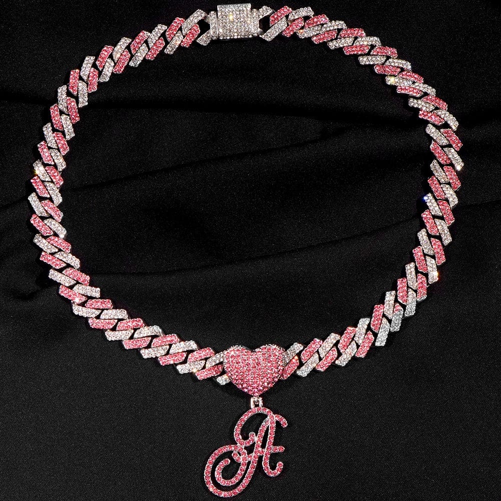 Pink Crystal Cursive Initial Letter Cuban Necklace