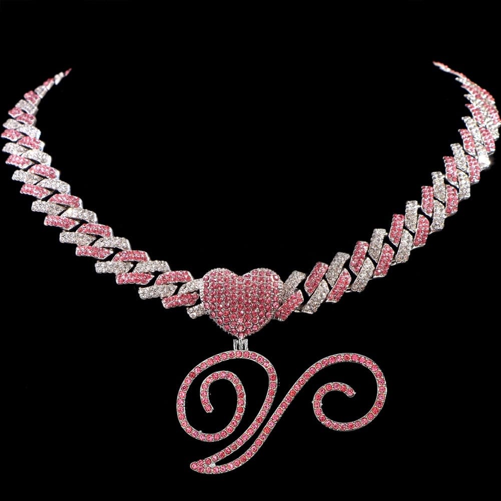Pink Crystal Cursive Initial Letter Cuban Necklace