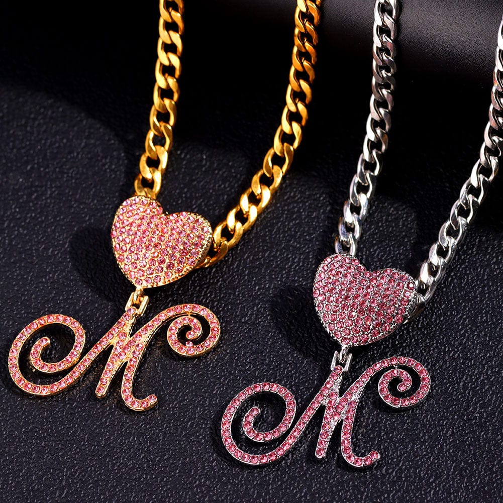 Solid Pink  Heart A-Z Cursive Letter Initial Heart Pendant Necklace