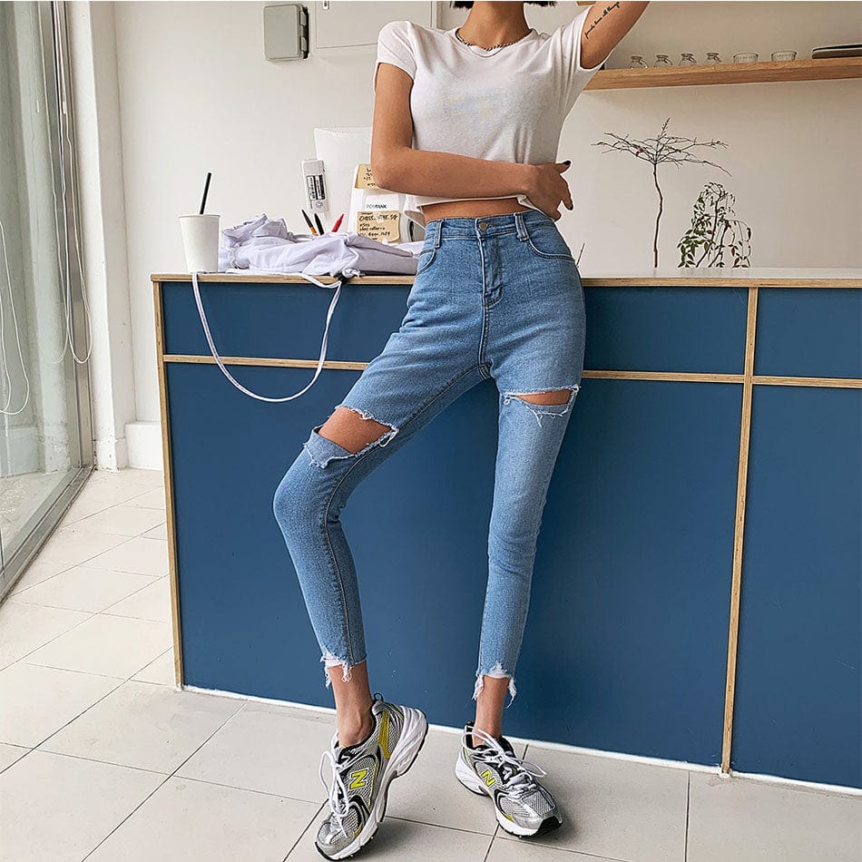 ripped stretchy jeans elastic jeans unique kulture fashion high waist capri for women slim tight fit 
