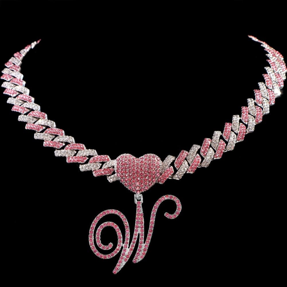 Pink Crystal Cursive Initial Letter Cuban Necklace