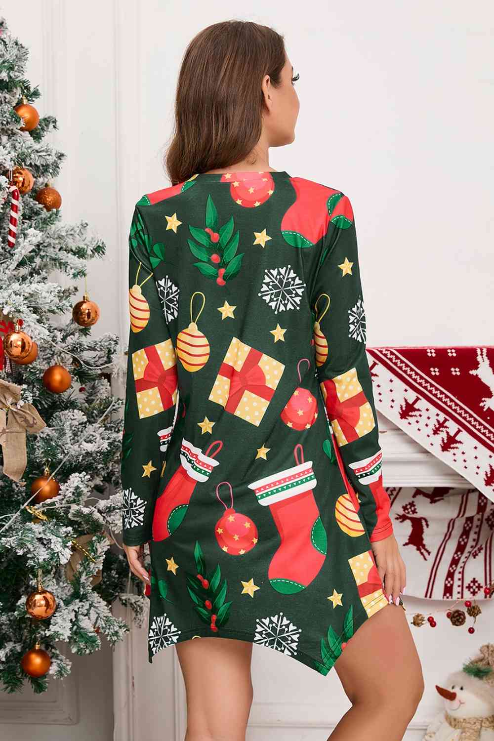 Christmas Element V-Neck Long Sleeve Mini Dress