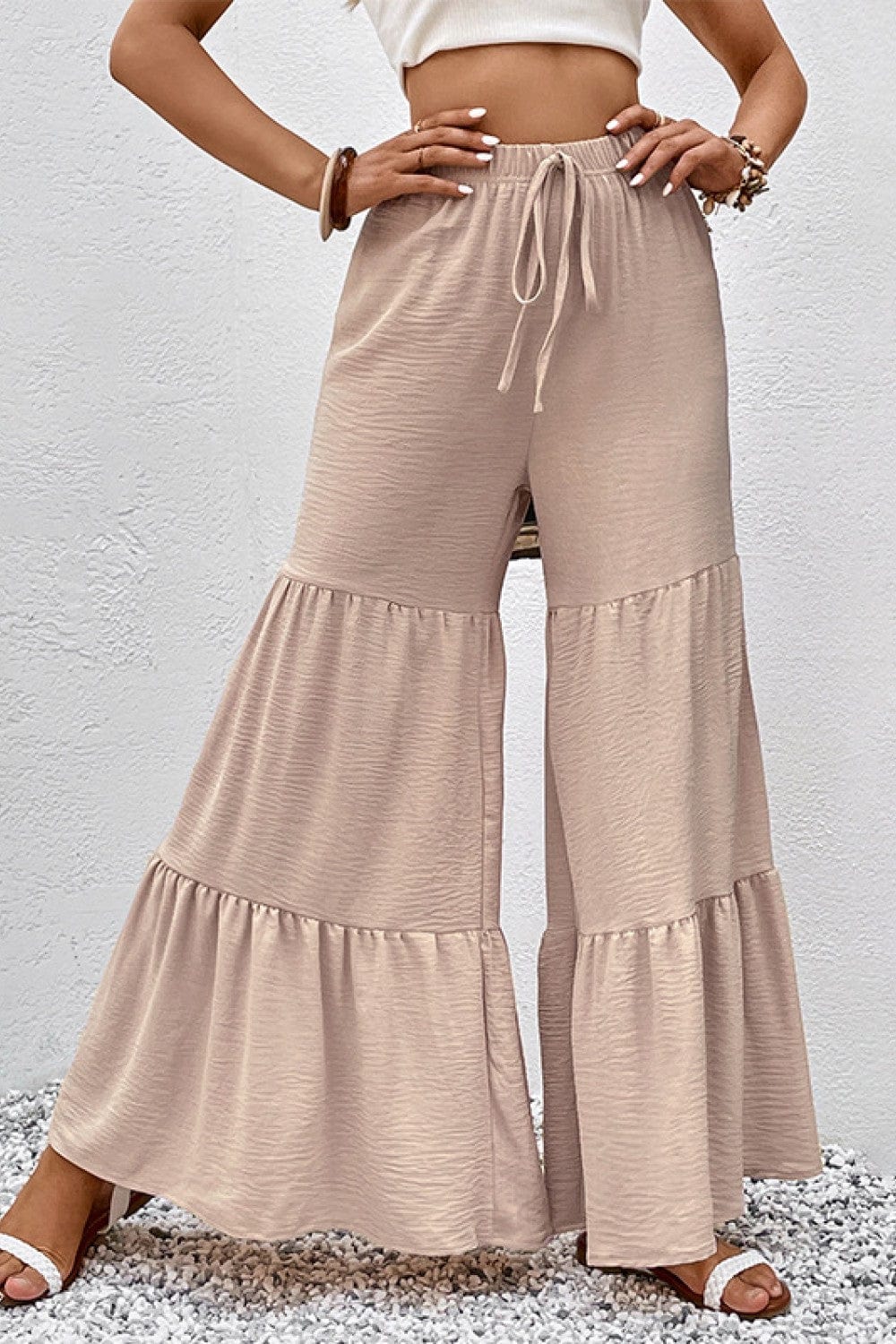 Drawstring Waist Tiered Flare Culottes