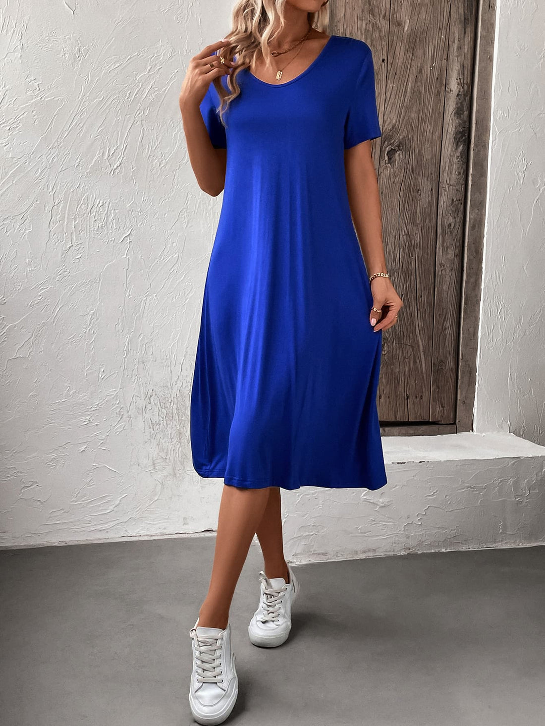 Short Sleeve A-Line Midi Dress