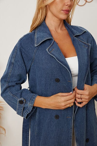 Double-Breasted Belted Longline Denim Jacket