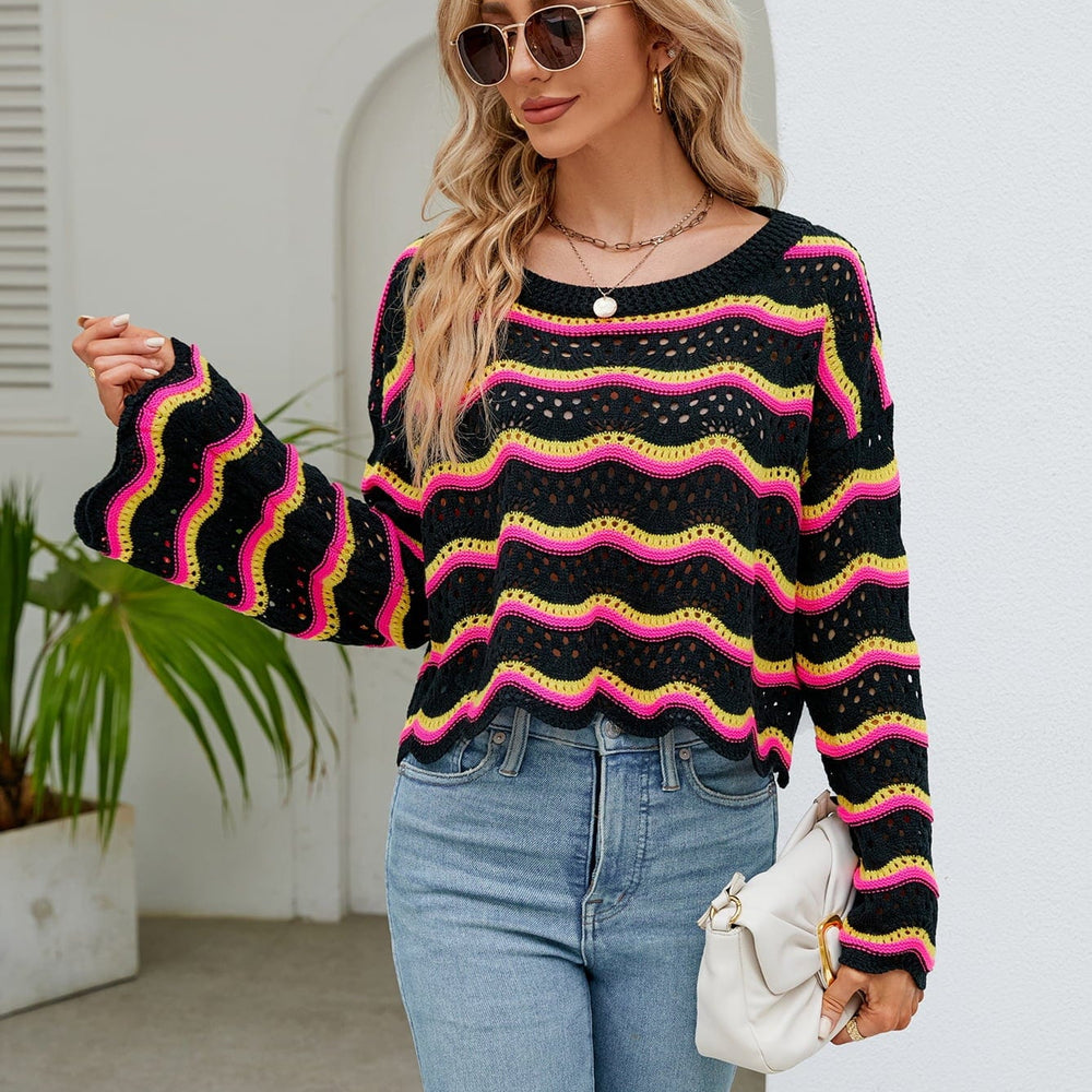 Round Neck Openwork Flare Sleeve Knit Top Unique Kulture Designer Fashion