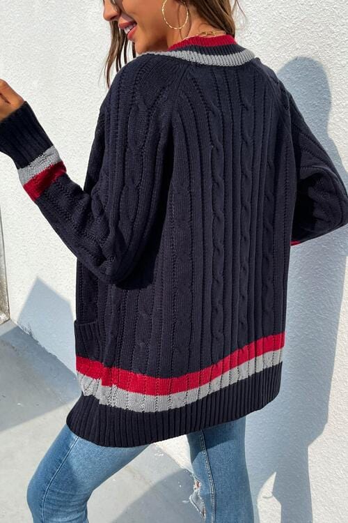 Certainly! Here's an example of alt text for an image of an open front striped long sleeve cardigan:  