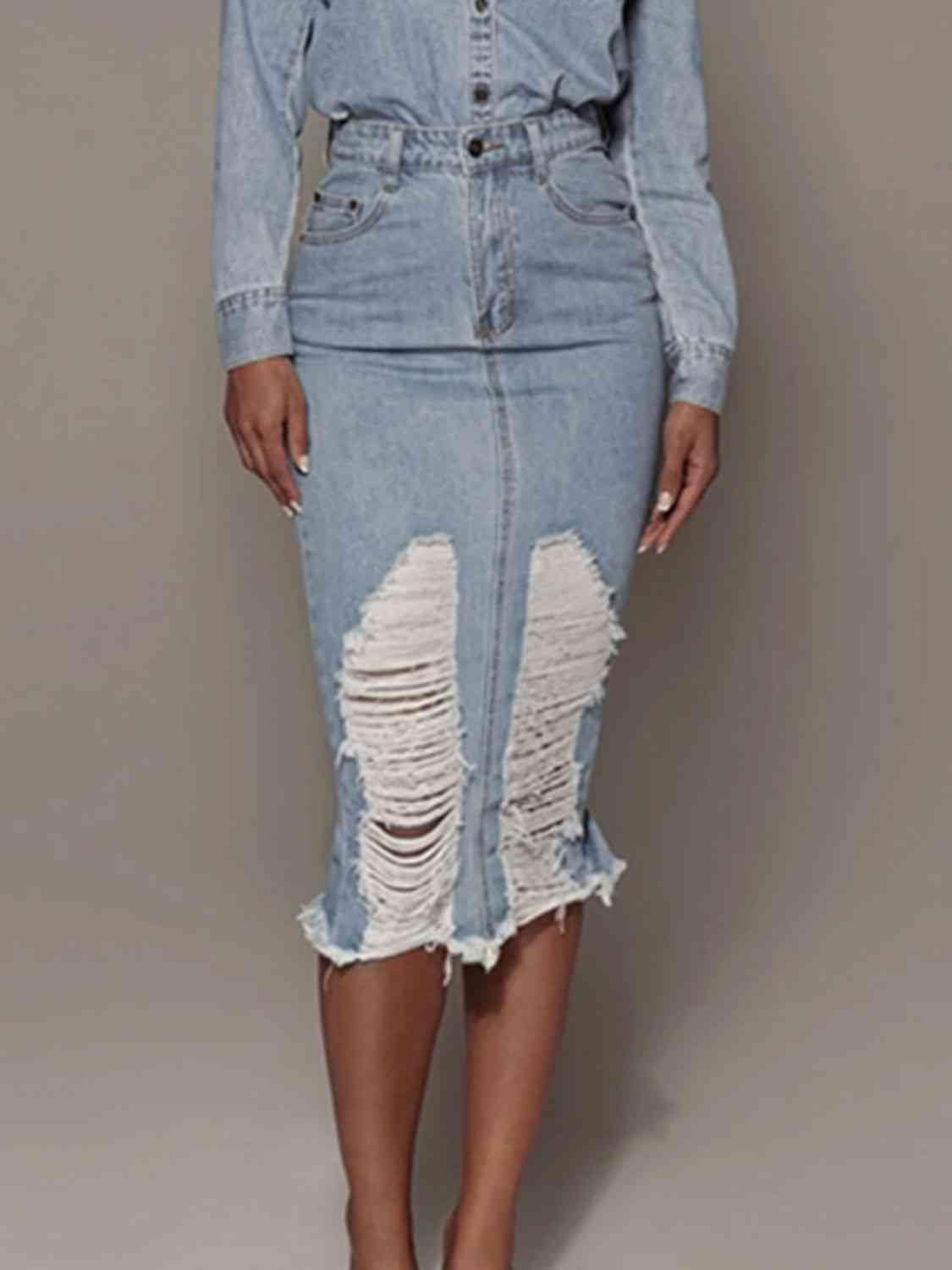 Amazon.com: Women Distressed Ripped Tassel Denim Skirt High Waist Slit  Casual Midi Jeans Skirt Blue : Clothing, Shoes & Jewelry