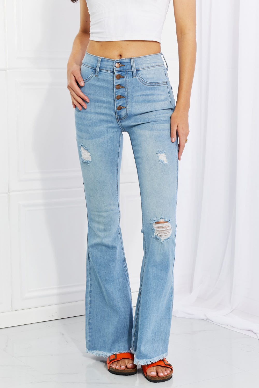 Vibrant MIU Full Size Jess Button Flare Jeans