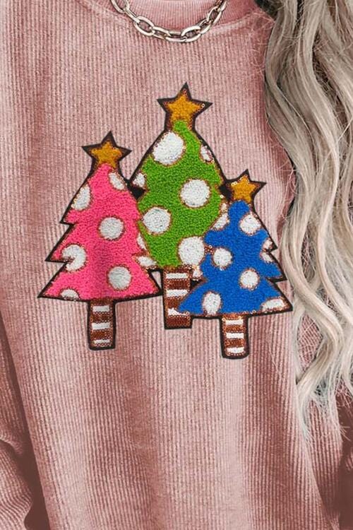 Christmas Tree Round Neck Drop Shoulder Sweatshirt
