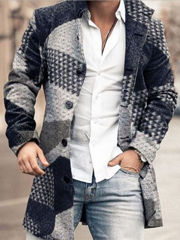 New men's woolen stand collar mid-length pocket casual coat