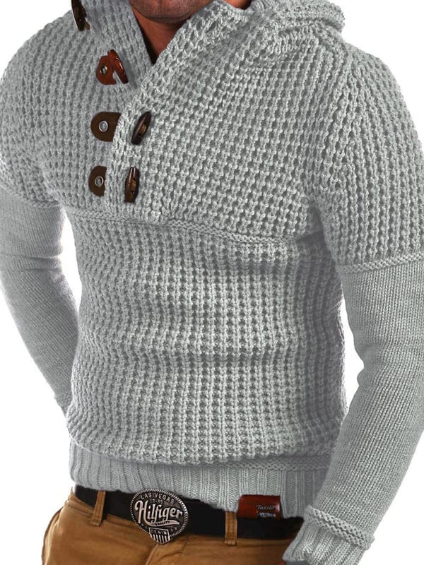 Men's Solid Color Lapel Collar Diagonal Button Horn Button Pullover Sweater