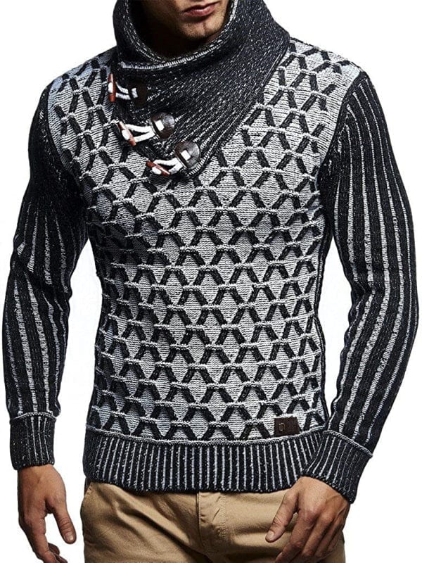 Fashionable men's leather buttoned sweater pullover turtleneck loose coat