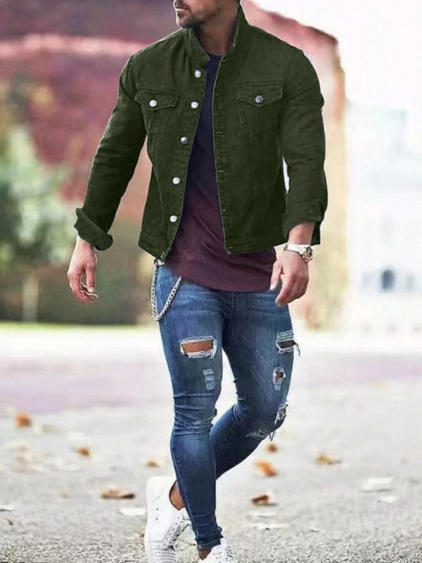 Men's new long-sleeved casual slim jacket multi-pocket button denim jacket