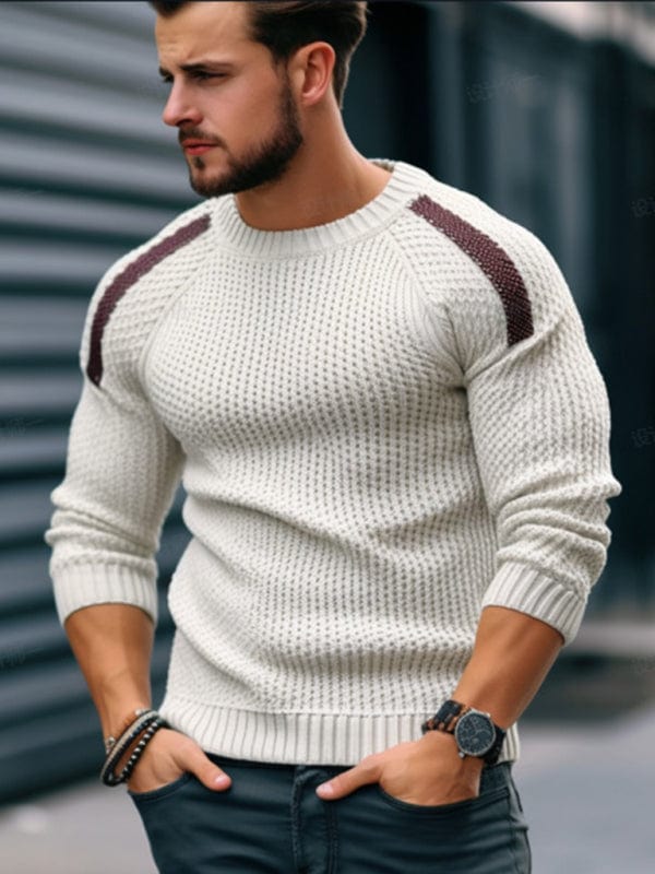 Men's Casual Fashion Shoulder Contrast Color Long Sleeve Knitted Sweater