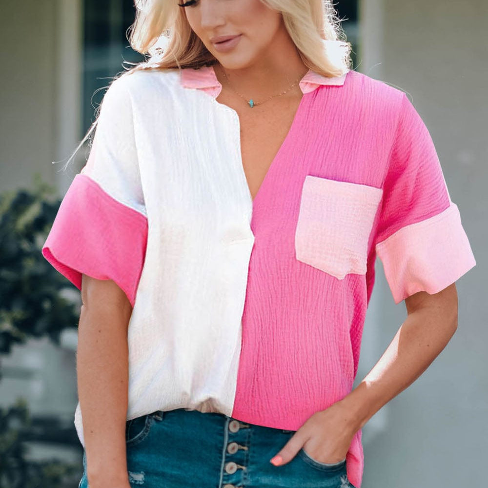 Color Block Designer Blouse Textured Johnny Collar Top Unique Kulture Color Block Shirt Designer Textured Blouse Color Block Collared Top Johnny Collar Fashion Blouse Unique Kulture Designer Top Textured Color Block Shirt High-End Johnny Collar Blouse Unique Kulture Fashion Piece